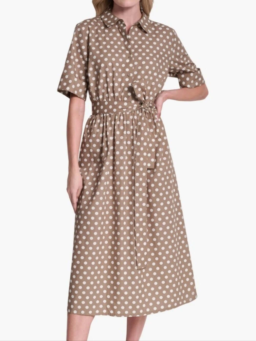 DKNY NEW Plus Size 16: Polka Dot Tie-Waist Shirt Dress 100% Cotton- Taupe/White